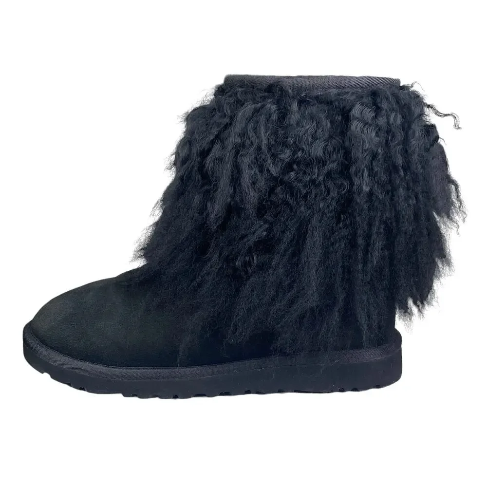 UGG Lida Mongolian Black Suede Shearling Fur Cuff Classic Boot Size US 6